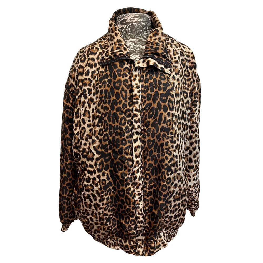 Vintage 90s Fuda International Bomber Jacket Silk Long Sleeve Leopard Retro 1X‎